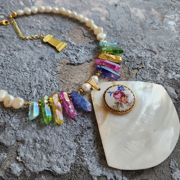 Designer Pearls Necklace Natural Himalayan Ctystal Pendant Vintage  Medallion - Picture 3 of 12